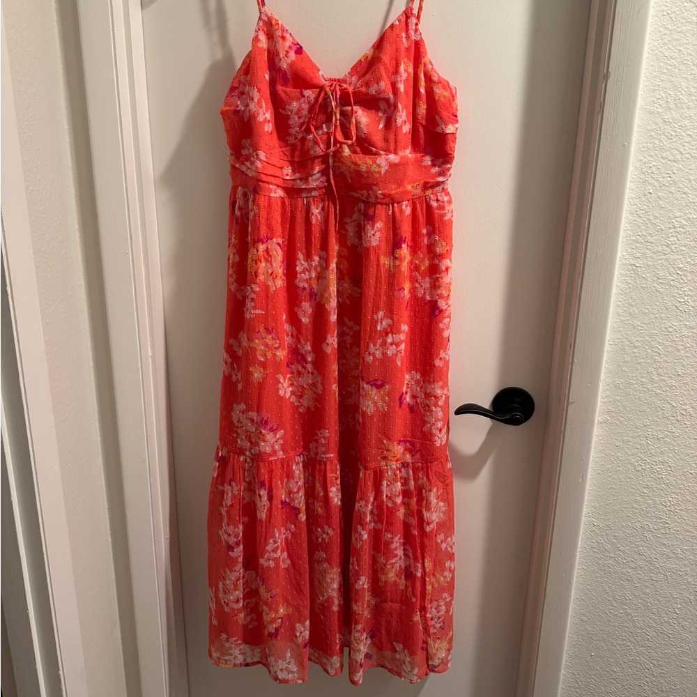 NWT Pink coral Ikat Floral Clip Keyhole Strappy Midi Dress